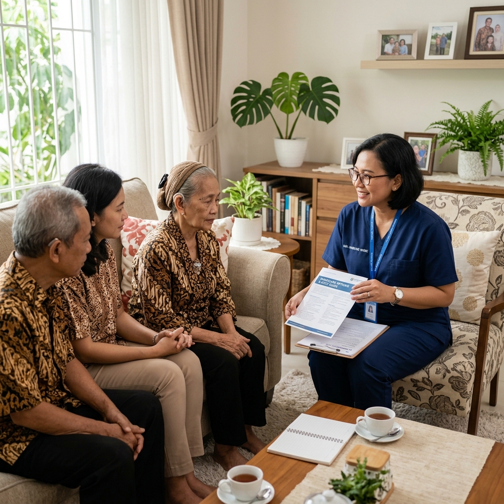 Pasien lansia dan perawat medis berdiskusi mengenai biaya homecare vs rawat inap