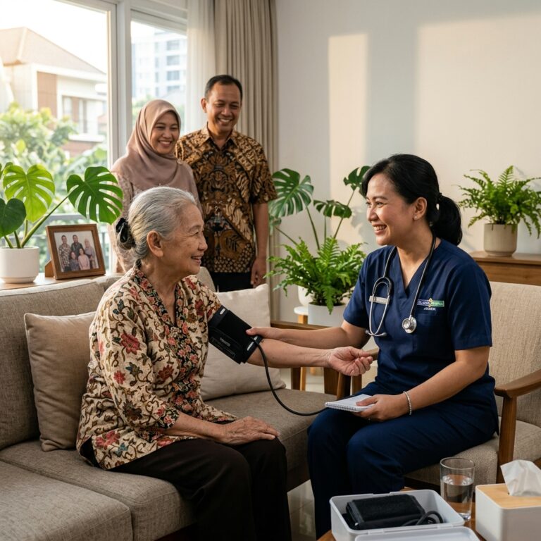Perawat dari klinik keluarga sehat sedang memeriksa lansia di rumah