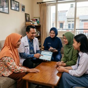 Dokter dari klinik keluarga sehat berdiskusi dengan keluarga