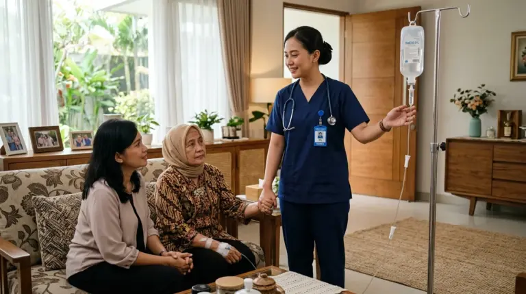 Perawat medis profesional HomeCare Lansia menjelaskan bahaya dan risiko komplikasi infus di rumah sendiri kepada keluarga pasien