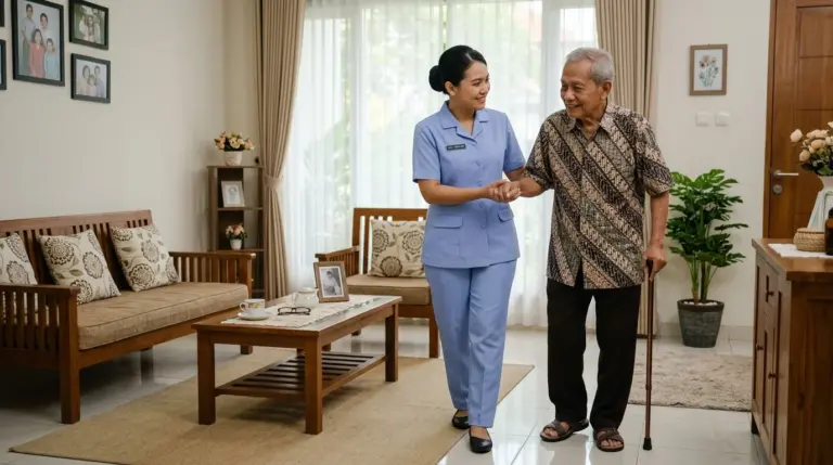 Caregiver lansia Jakarta bersertifikasi mendampingi lansia beraktivitas dengan penuh kesabaran di rumah