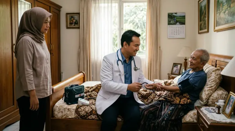 Dokter home care memeriksa kesehatan pasien lansia di rumah Jakarta