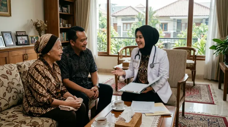 Dokter home care terdekat sedang memberikan konsultasi medis dan rencana perawatan bagi lansia dan keluarga di Jakarta