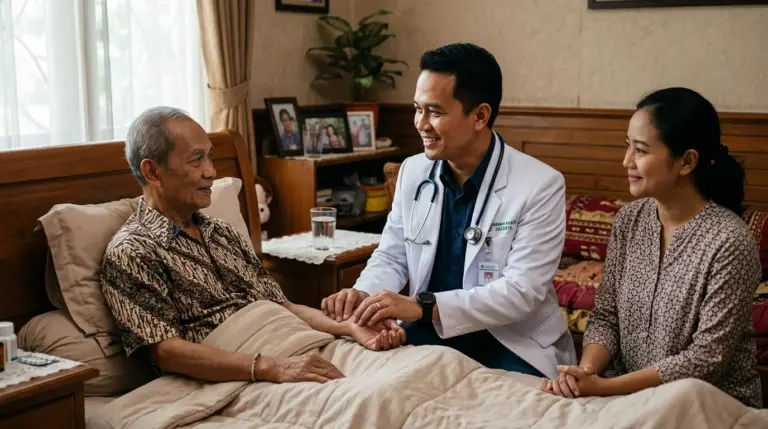 Dokter jaga terdekat sedang memeriksa denyut nadi dan kondisi kesehatan lansia di rumah Jakarta