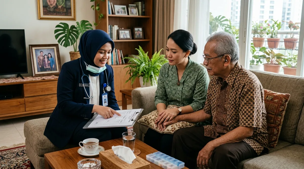 Konsultasi medis dokter home care bersama keluarga pasien lansia