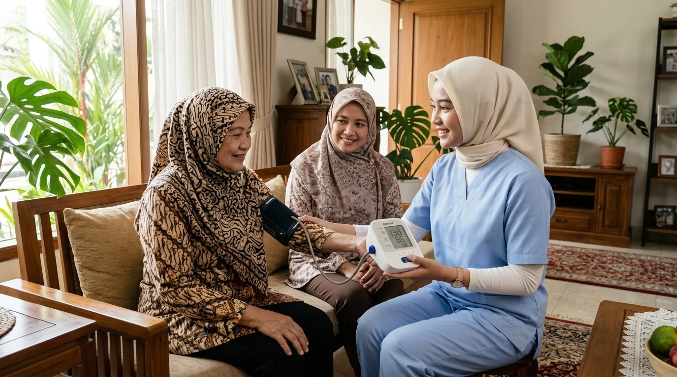 Perawat medis home care profesional memeriksa tekanan darah lansia dan mendampingi keluarga di rumah Jakarta