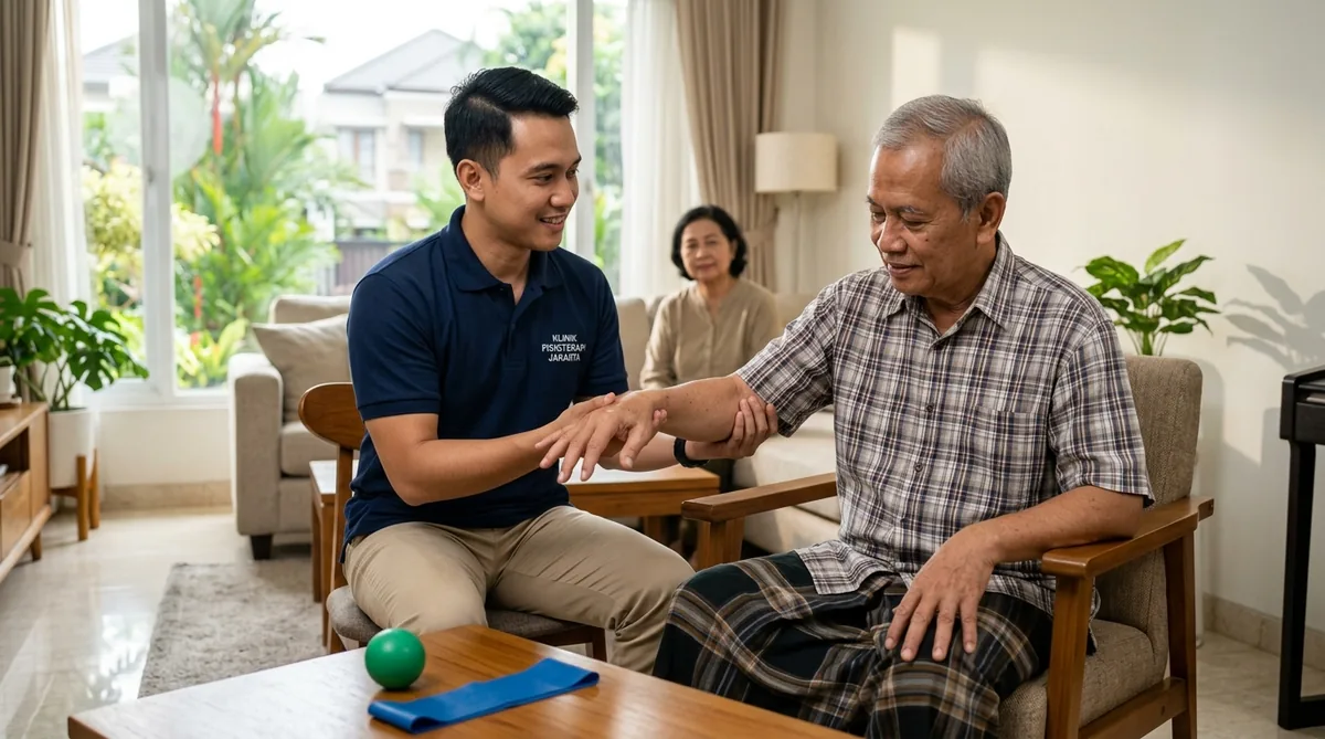 Fisioterapis memandu latihan gerak motorik tangan lansia pasca-stroke di rumah
