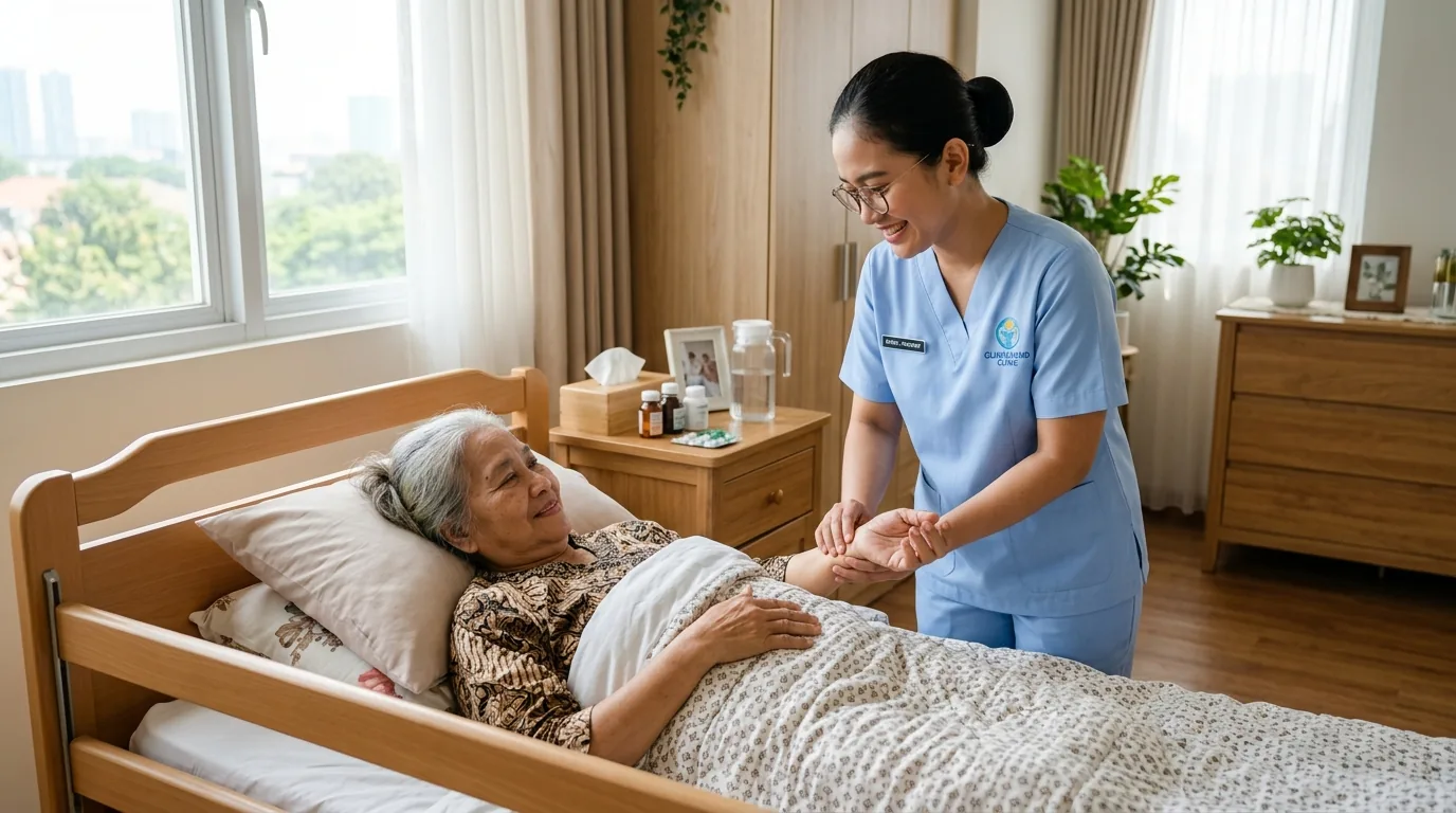 Perawat medis home care profesional memeriksa tanda vital lansia yang beristirahat di ranjang rumah Jakarta