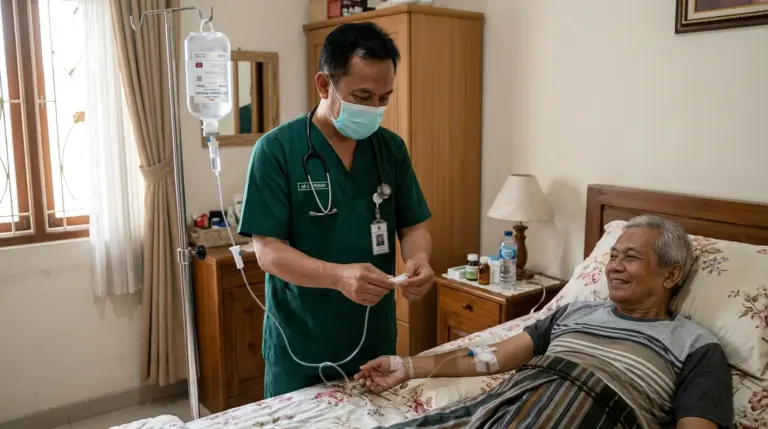 Perawat homecare infus Jakarta melakukan pemasangan cairan infus steril pada pasien lansia di rumah