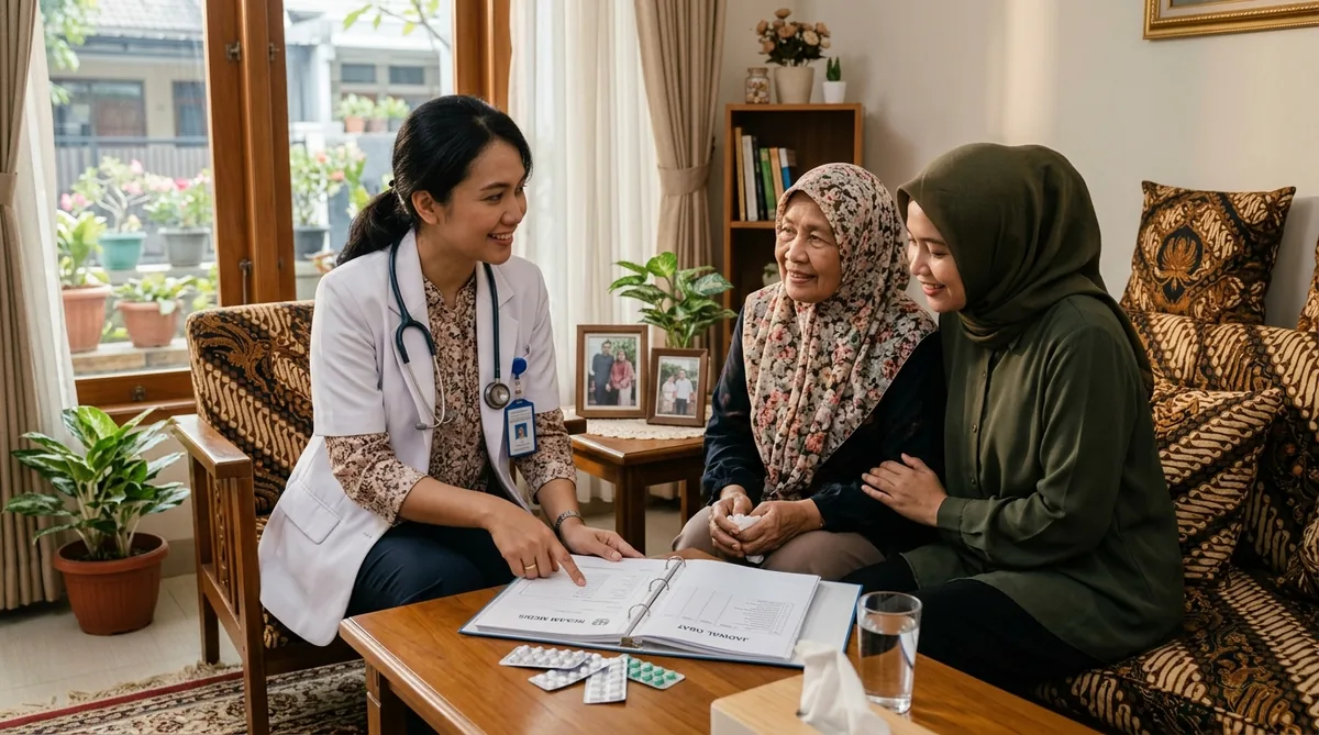 Pemeriksaan Dokter Home Care Geriatri Dokter home care berdiskusi mengenai rekam medis dan evaluasi obat lansia dengan keluarga