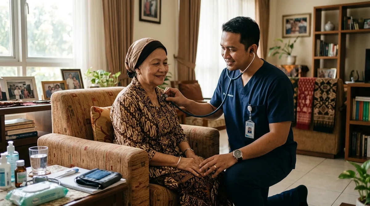 Pemeriksaan fisik jantung paru oleh dokter saat kunjungan rumah