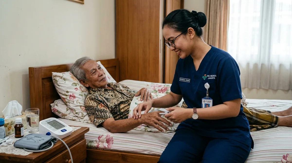Pemeriksaan Tanda Vital Perawat Lansia Perawat lansia harian mengukur saturasi oksigen dan denyut nadi pasien lansia di rumah