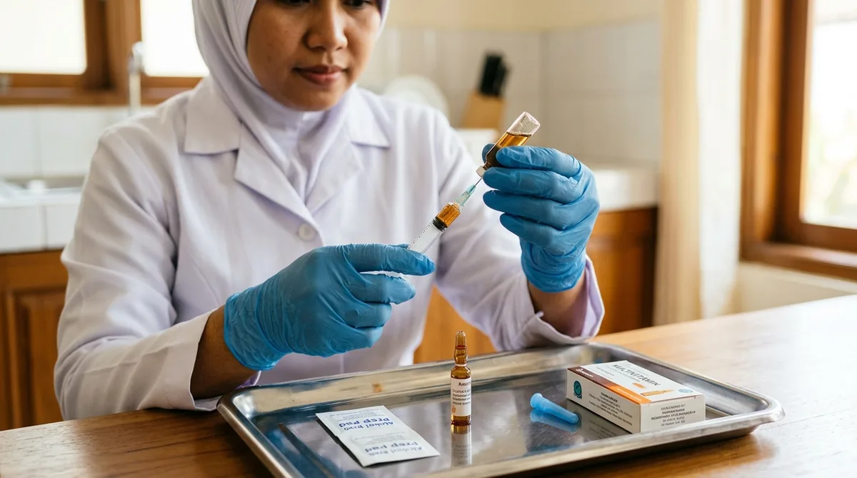 Perawat menyiapkan injeksi multivitamin steril dari ampul dengan spuit disposable