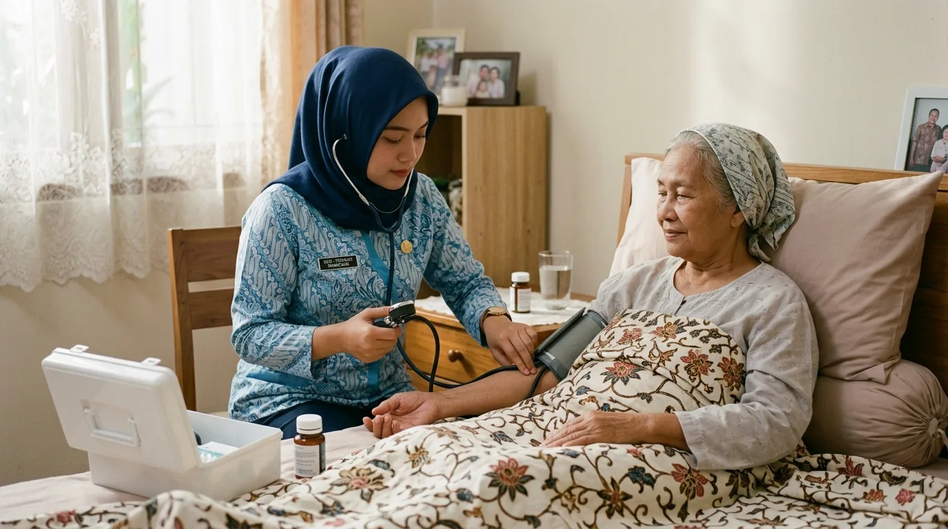 Perawat medis memeriksa tensi darah lansia dengan ramah di tempat tidur rumah Jakarta