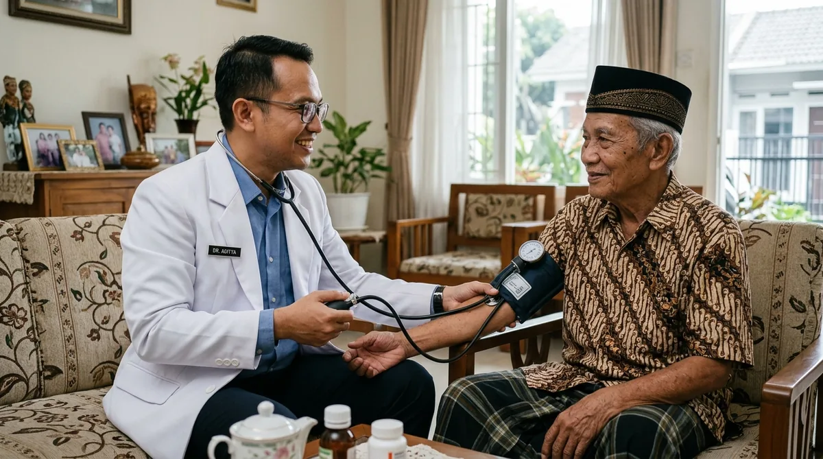 Dokter jaga visitasi memeriksa tekanan darah pasien lansia di rumah