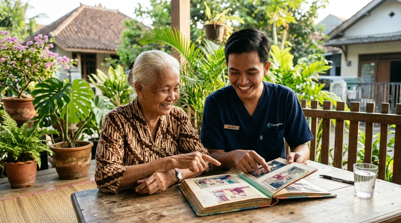 Perawat lansia menemani nenek beraktivitas santai dan melatih stimulasi kognitif di teras rumah