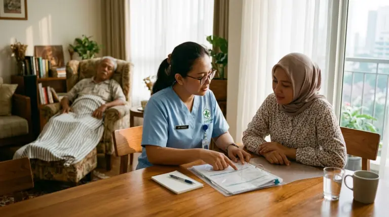 Perawat medis HomeCare Lansia menjelaskan rencana perawatan medis secara transparan kepada keluarga pasien