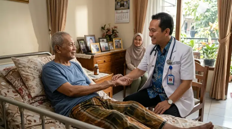 Kunjungan dokter homecare jakarta sedang memeriksa detak nadi pasien lansia di rumah