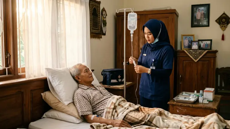Perawat medis profesional HomeCare Lansia merapikan tiang infus portabel di samping ranjang pasien lansia di rumah