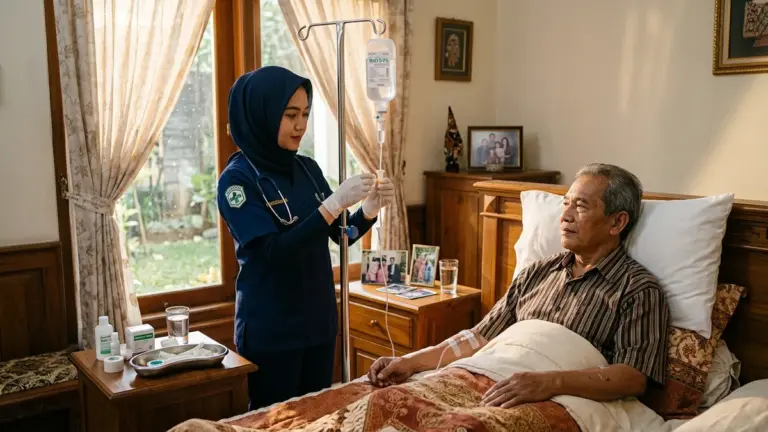 Perawat medis berizin STR memeriksa tetesan cairan infus pasien lansia dengan standar klinis di rumah