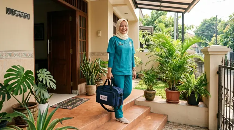 Perawat medis HomeCare Lansia tiba membawa tas perlengkapan infus steril di depan kediaman pasien di Jakarta