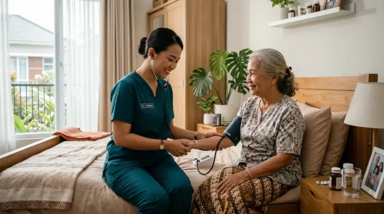 Layanan perawat medis home care jakarta sedang memeriksa kondisi tanda vital pasien lansia di rumah