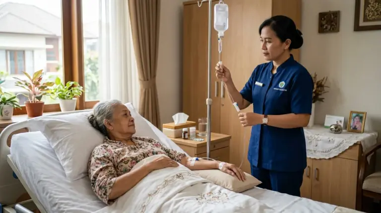 Perawat medis sedang memantau tetesan cairan infus dalam layanan perawatan home care di rumah