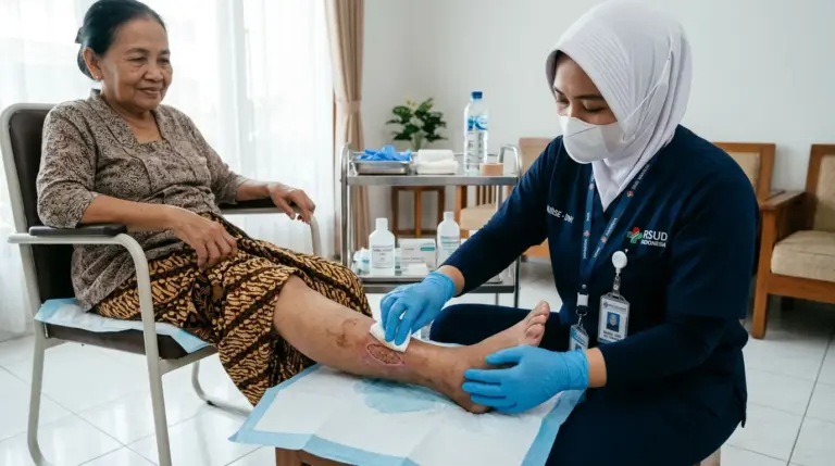 Perawat medis sedang membersihkan luka kaki pasien lansia dalam layanan perawatan luka terdekat di rumah