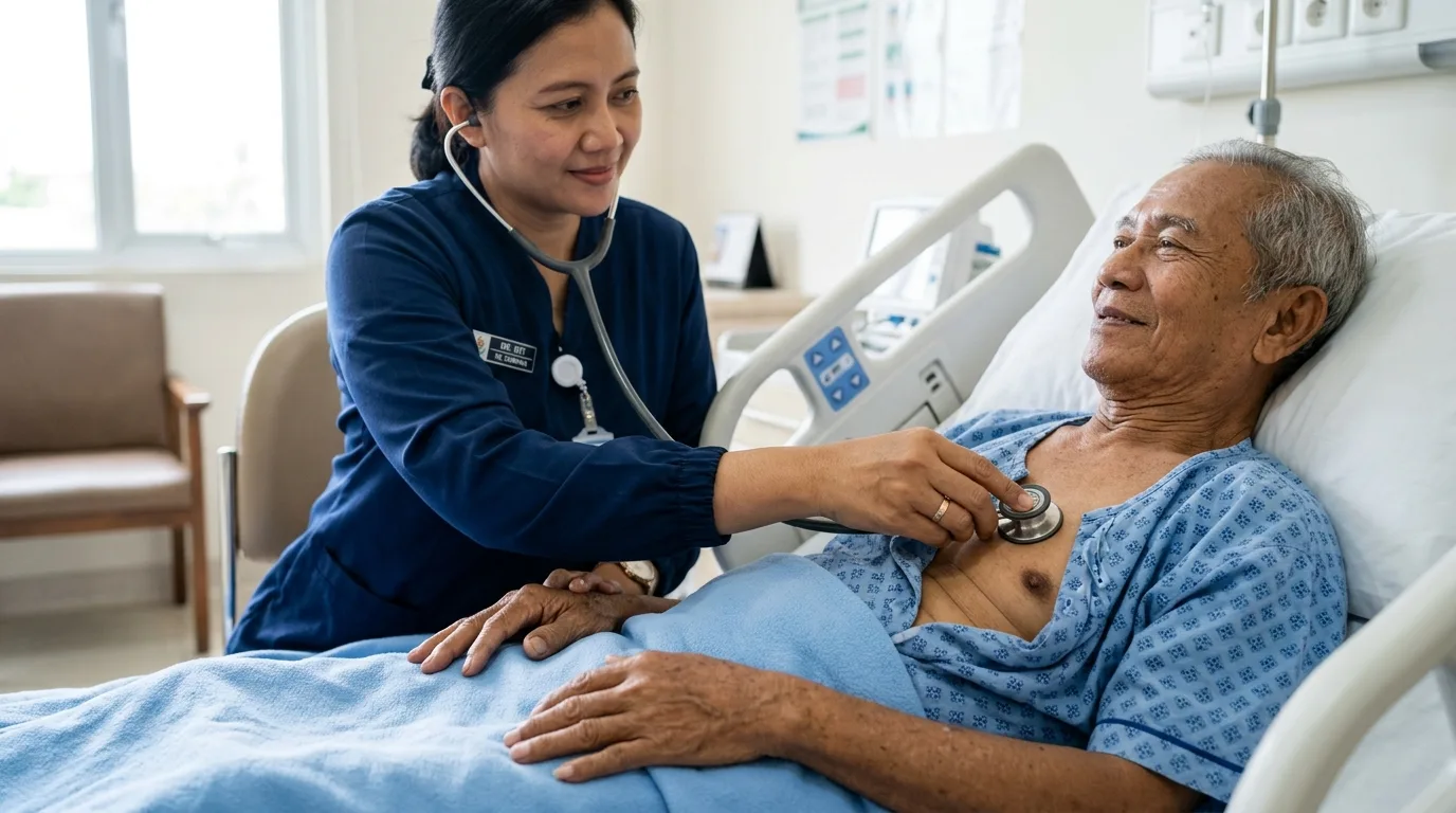 Pemeriksaan auskultasi paru dan detak jantung oleh dokter homecare pada pasien lansia di tempat tidur