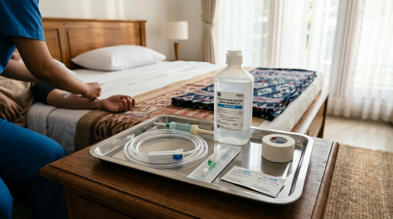 Perlengkapan alkes infus medis steril sekali pakai siap digunakan untuk terapi rehidrasi homecare