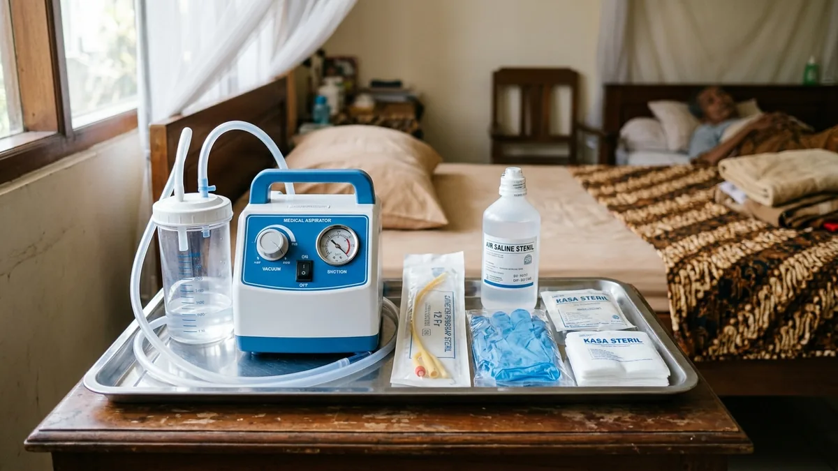 Peralatan medis mesin suction dan kateter steril untuk tindakan sedot dahak lansia di rumah