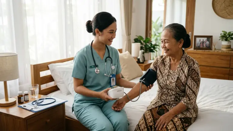 Perawat medis ber-STR HomeCare Lansia melakukan pemeriksaan tekanan darah pada nenek lansia di kamar tidur rumah