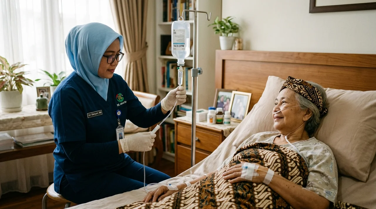 Prosedur Pasang Infus di Rumah Jakarta Perawat medis profesional sedang melakukan pemasangan dan pemantauan selang infus steril di rumah pasien lansia Jakarta