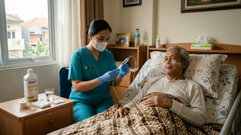 Perawat medis profesional HomeCare Lansia mengawasi pemberian nutrisi selang NGT pada pasien lansia di rumah