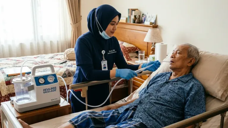 Perawat medis profesional melakukan tindakan sedot dahak suction steril pada pasien lansia di rumah