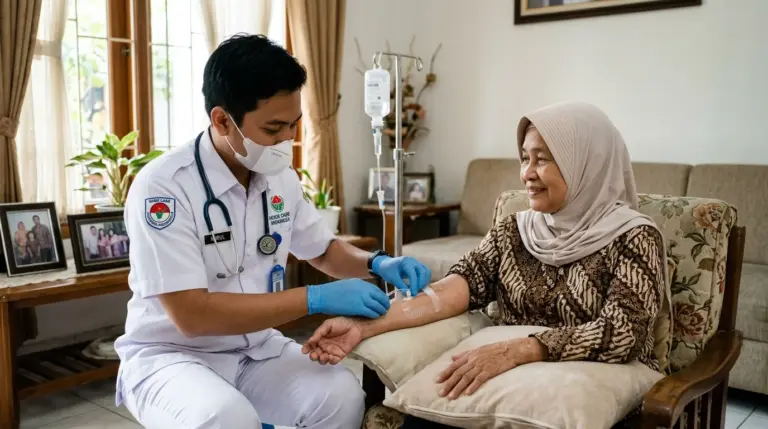 Perawat ber-STR HomeCare Lansia memasang fiksasi kateter infus steril pada pasien lansia di rumah