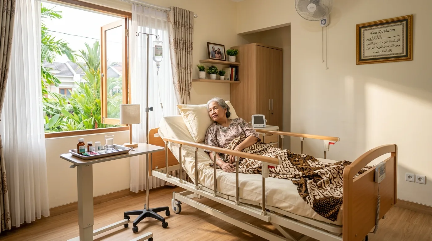 Kondisi kamar tidur medis yang bersih dan higienis untuk perawatan home care lansia di rumah